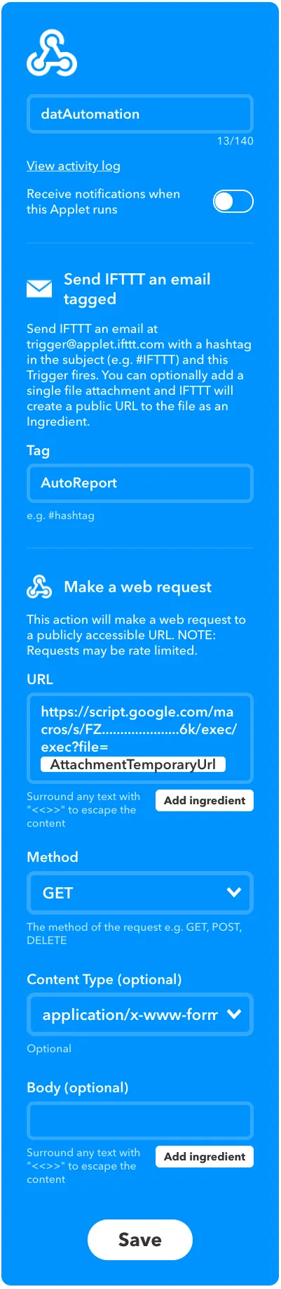 IFTTT Applet which sends mail attachments to Apps Script