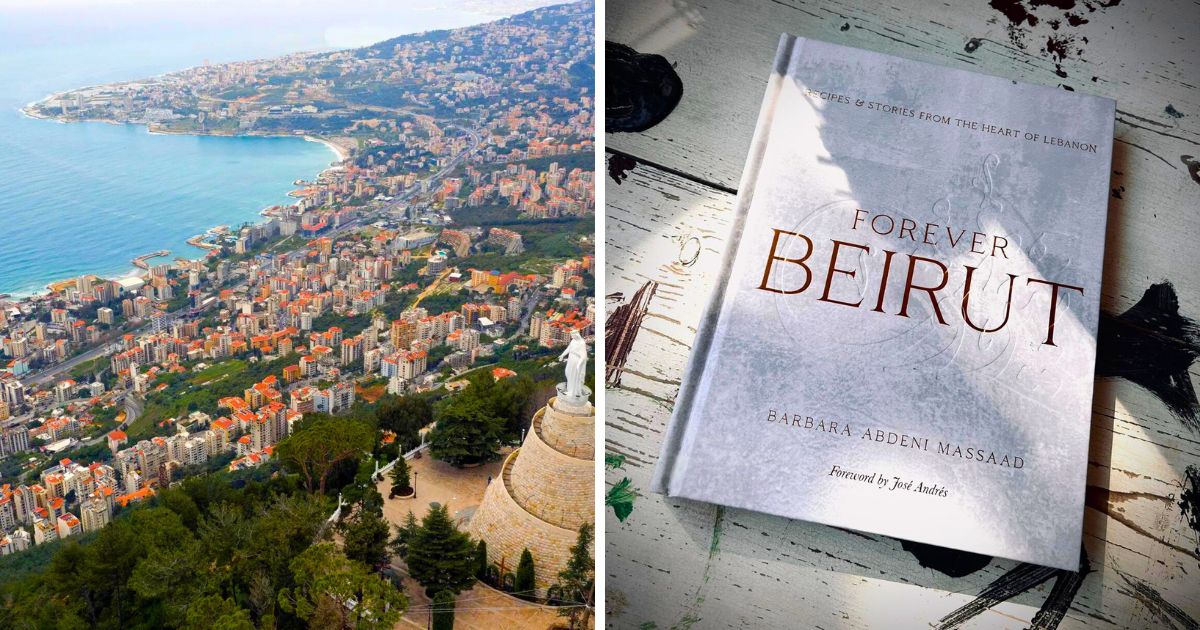 “Sol tarafta Beyrut’un tepesinden aşağı doğru çekilmiş yeşil dostu bir şehir manzarası, sağ tarafta Forever Beirut isimli kitap görülüyor“