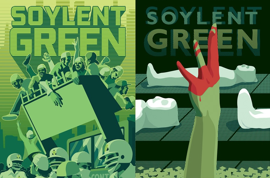 Two artworks related to the movie, from David Moyer, are shown next to each other. Left: A bulldozer collect people from the avenue. Right: there are 3 serial manufacturing lines; 2 lines for dead bodies, 1 line for soylents. And a hand is risen.