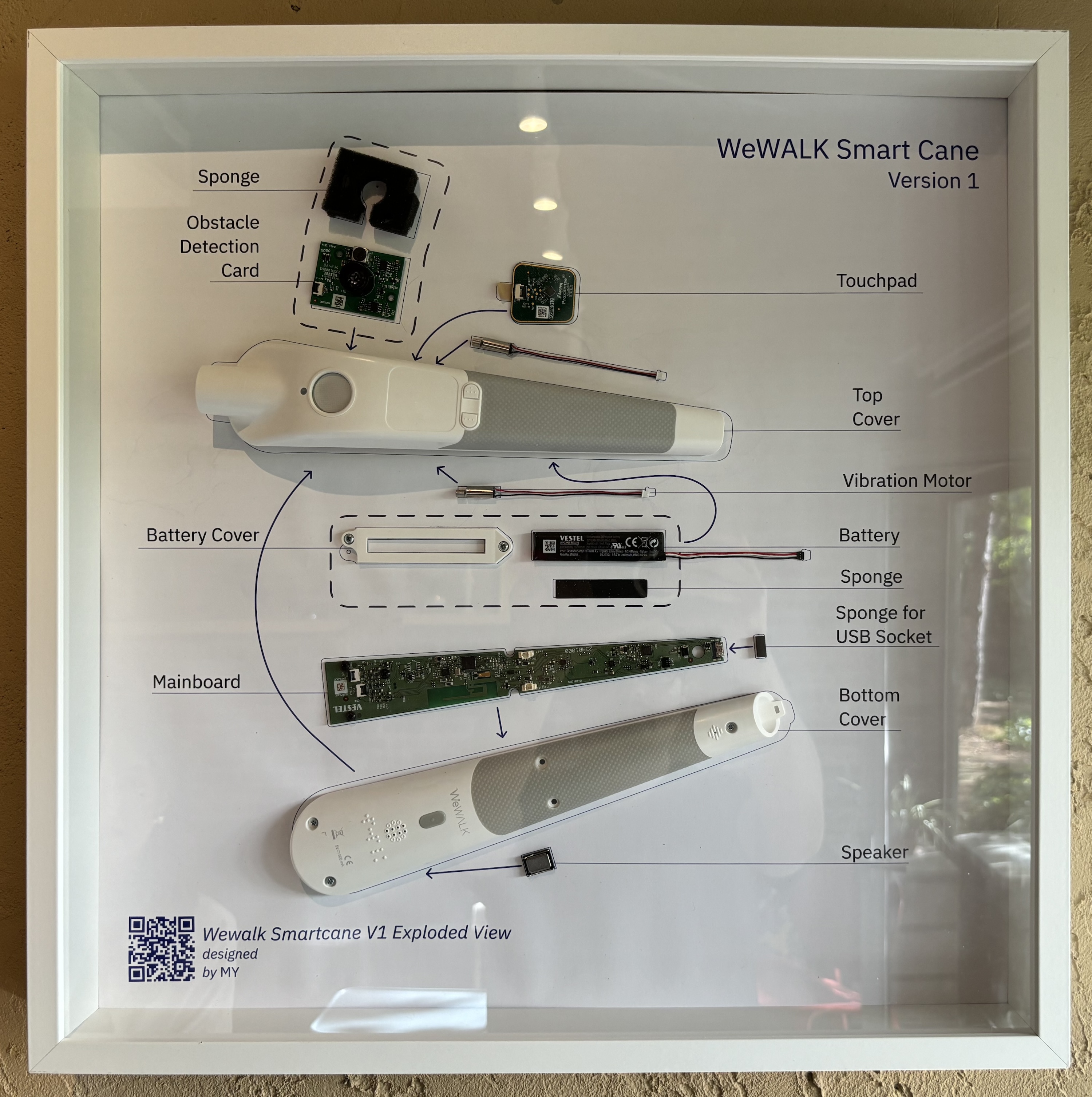 The parts has been placed parallel to the wall. From top to bottom: sponge, obstacle detection card, touchpad, 2 vibratio motors and top case part, then the battery group with battery cover, battery and battery-sponge for protection, mainboard, sponge for usb port, bottom case part and speaker.